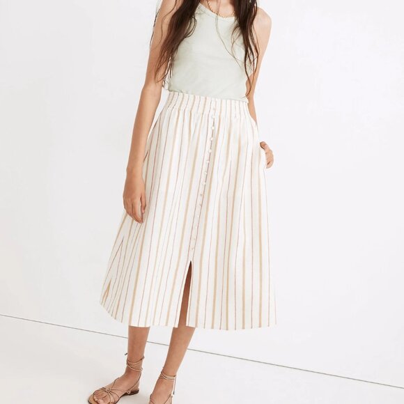 Madewell Linen-Cotton Smocked-Waist Button-Front Midi Skirt Pockets - Picture 9 of 9